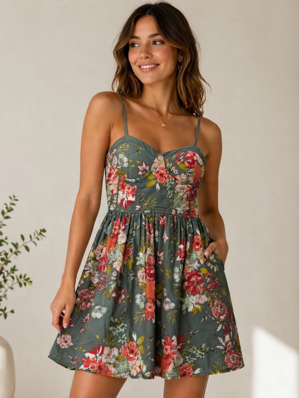 BoG Collective Floral Bustier Mini Dress,  Sage Green Cottagecore Boho Small